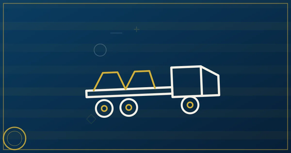 Line-art flatbed trailer carrying a coiled steel roll and pipe bundle with an oil derrick on the horizon