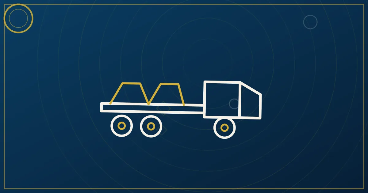 Line-art flatbed trailer carrying steel beams with strap lines and a folded tarp roll beside the deck