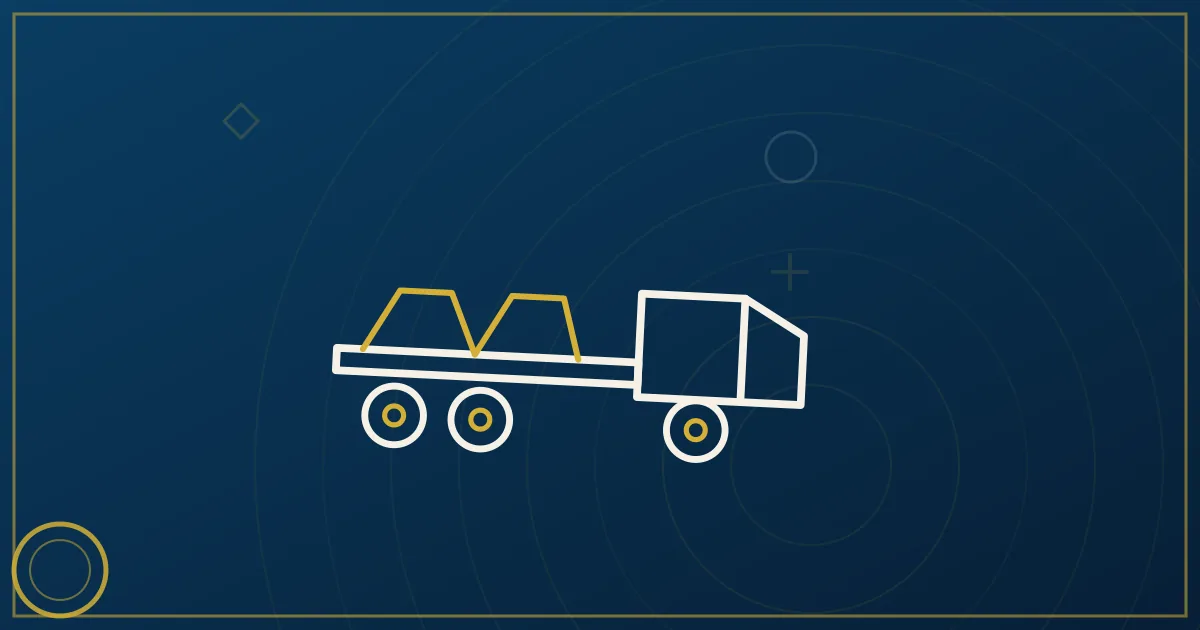 Line-art flatbed with strapped steel coils, chain-link motif running from load to cargo and liability shields, camera glyph
