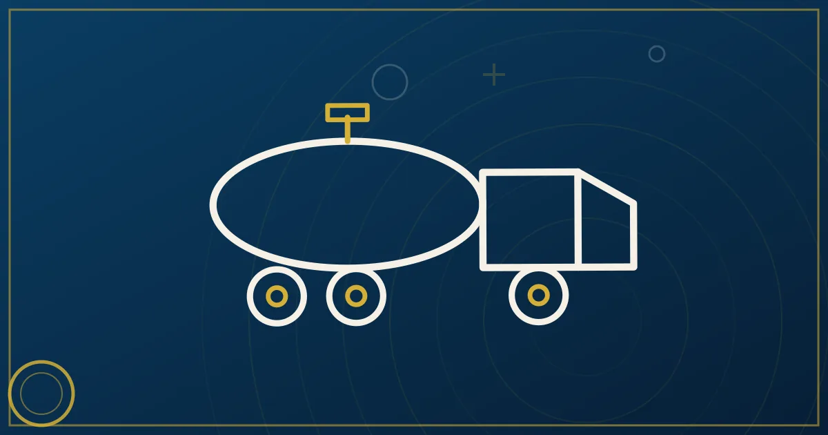 Line-art sanitary tank trailer with a gleaming droplet, a wash-ticket scroll and seal badges orbiting around it