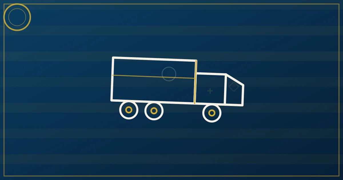 Line-art pneumatic trailer with an arc of blown sand flowing into a well-site storage silo, a clock face in the sky