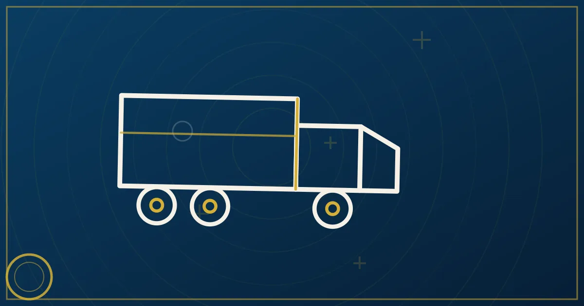 Line-art interstate arrow with a city dot at the midpoint between two market blocks, a semi at the center