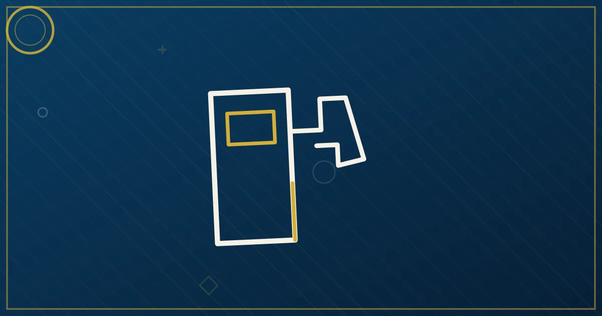 Lapis-blue and gold illustration of a fuel pump with a payment card and price comparison elements, fuel card evaluation theme