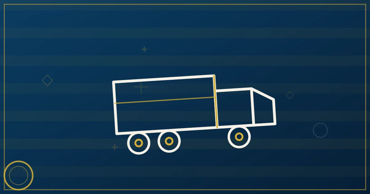 Fenced yard containing several truck silhouettes under one large shield, the owner's own truck parked outside the fence