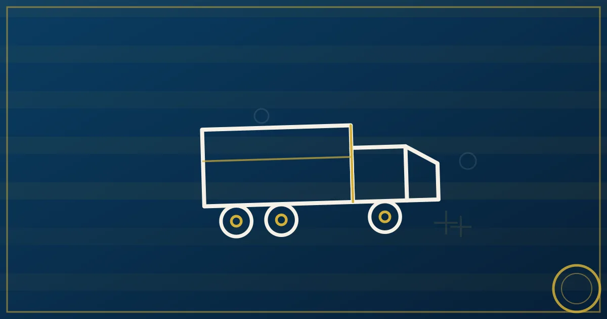 Government building columns beside a highway with a sealed bid envelope, gavel-free procurement checklist, and freight truck