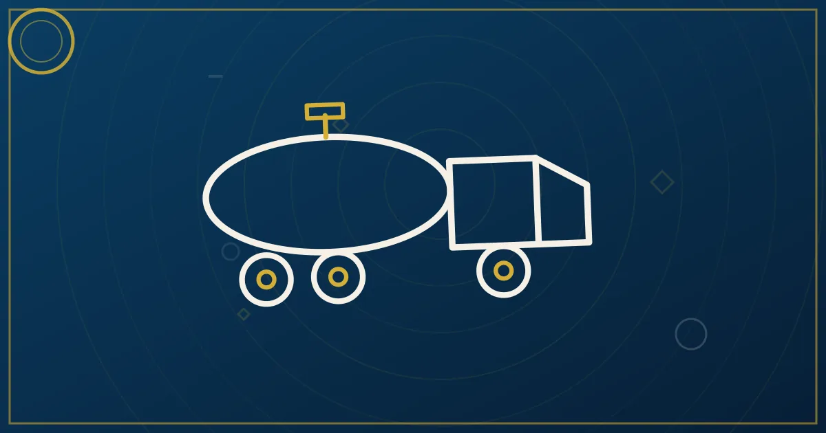 Lapis-blue and gold illustration: hazmat tanker near port terminals. No text, no people, no flags.
