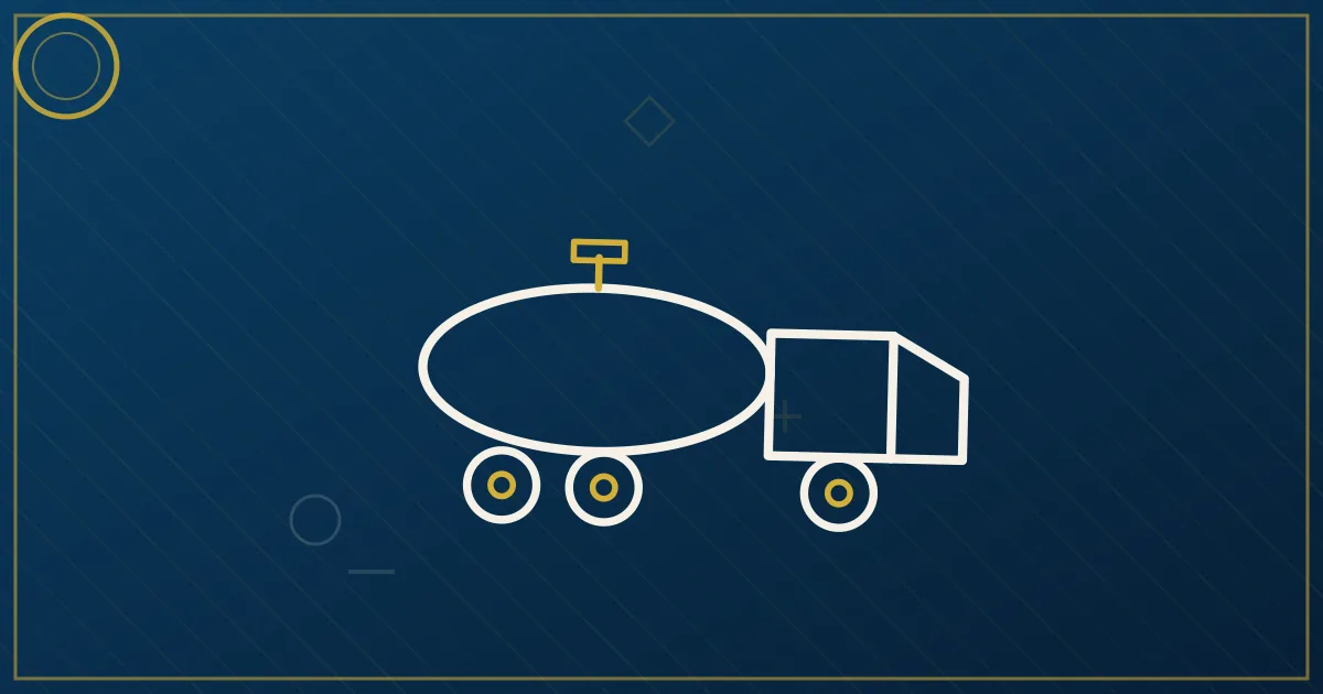 Lapis-blue and gold illustration: placarded tanker in a chemical corridor. No text, no people, no flags.