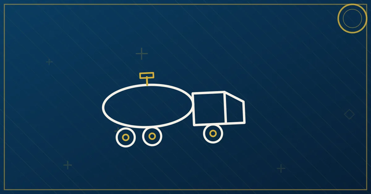 Lapis-blue and gold illustration: placarded tanker truck on a highway. No text, no people, no flags.