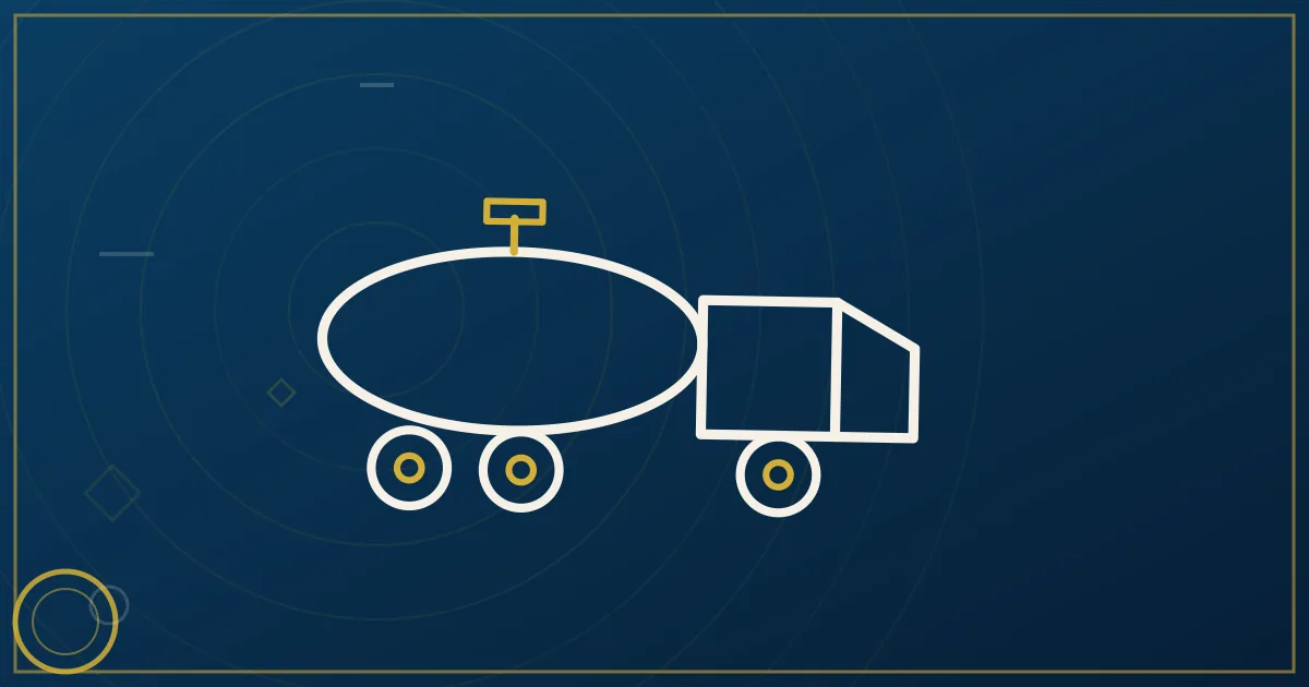 Abstract illustration of a tanker truck with hazard placards on a highway in lapis blue and gold tones, industrial