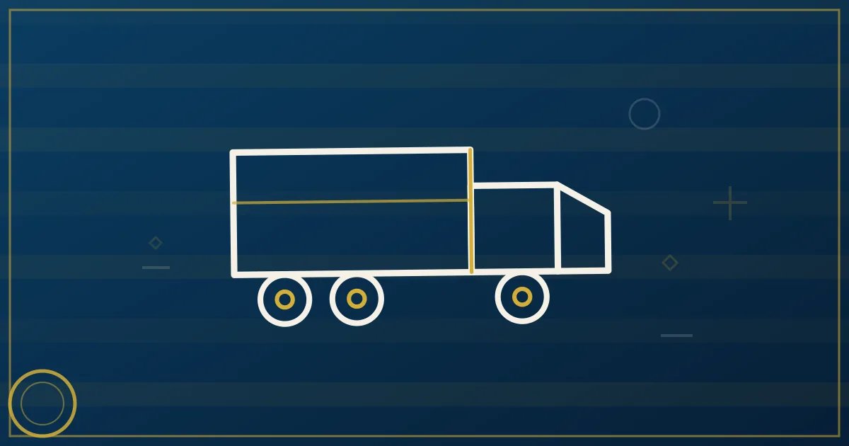 Line-art excavator with a heavy equipment trailer and chain binders beside it, crane and bulldozer silhouettes behind