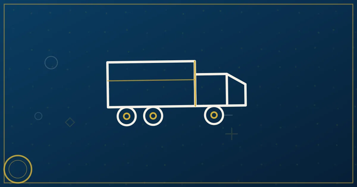 Hemp leaf geometric emblem on a freight truck with a document shield, laboratory flask, and state-map patchwork overlay