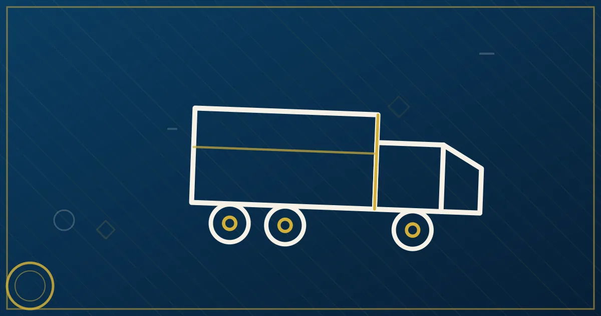 Lapis-blue and gold illustration of trucks at a distribution center with holiday warehouse activity, Q4 retail surge theme