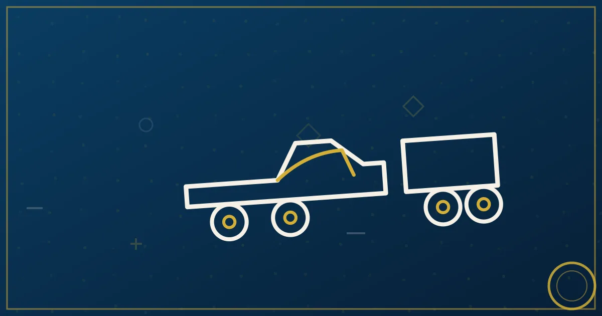 Line-art 1-ton pickup with gooseneck carrying a crated machine with palm silhouettes and a winding highway