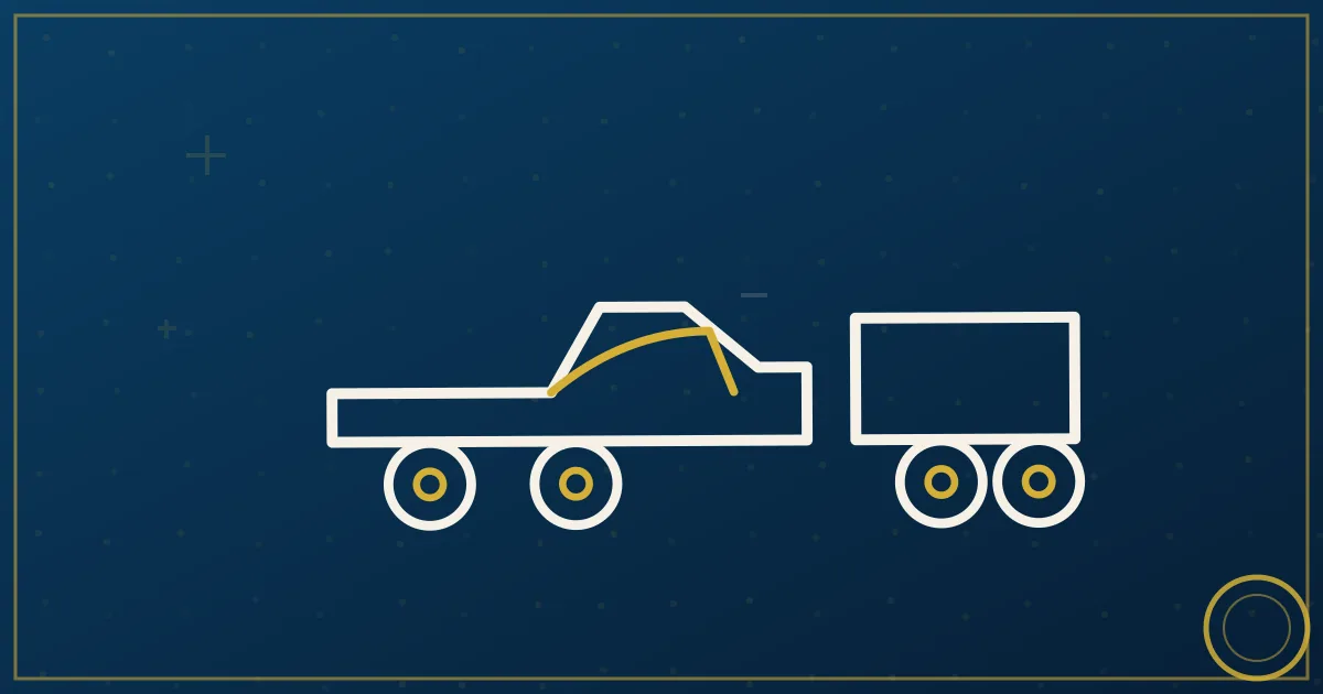 Line-art 1-ton pickup carrying a generator with a storm-cloud-and-sun motif above the highway