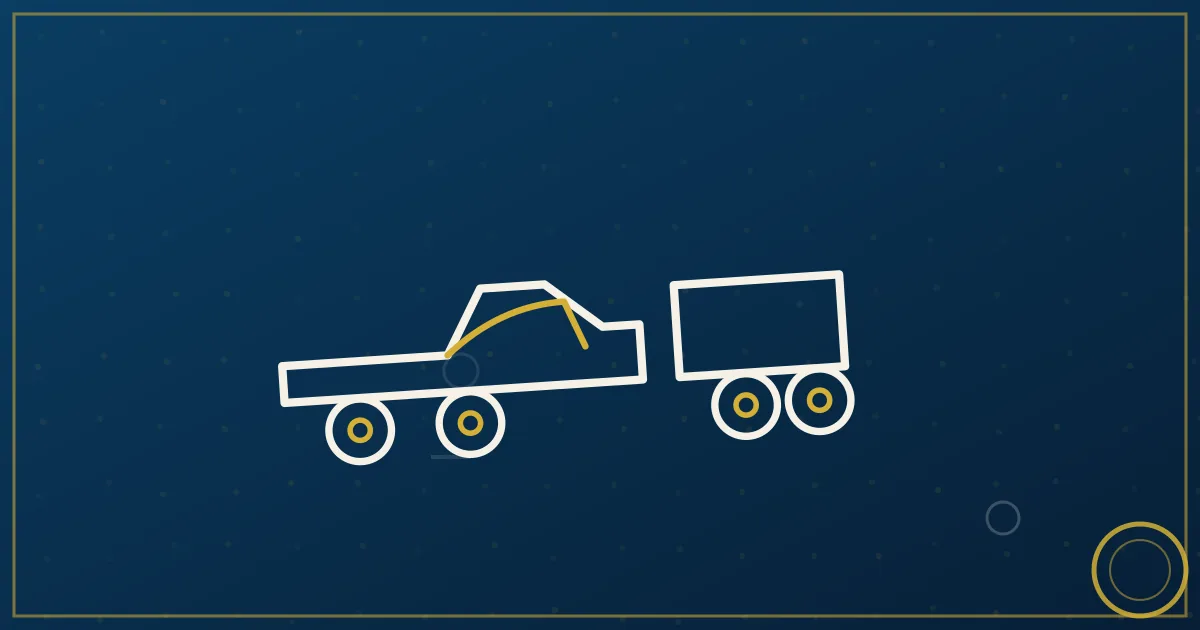 Line-art 1-ton pickup with gooseneck on a highway axis connecting a city skyline to port cranes