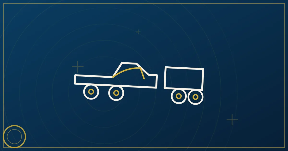 Line-art 1-ton pickup with gooseneck on a highway with factory silhouettes and snowflakes in the sky