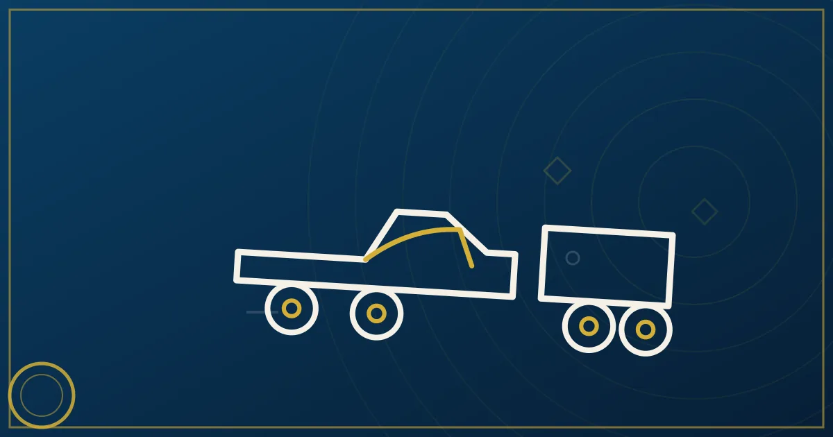 Line-art 1-ton pickup with gooseneck on a metro highway with skyline, toll gantry, and delivery stops
