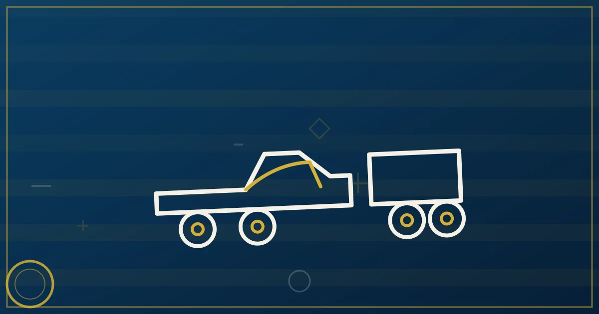 Line-art 1-ton pickup with gooseneck carrying crates past factory and barn silhouettes side by side