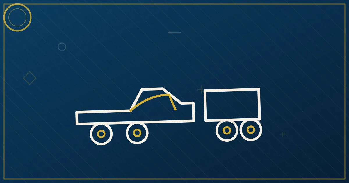 Line-art 1-ton pickup with gooseneck carrying auto parts crates beside an assembly-plant silhouette