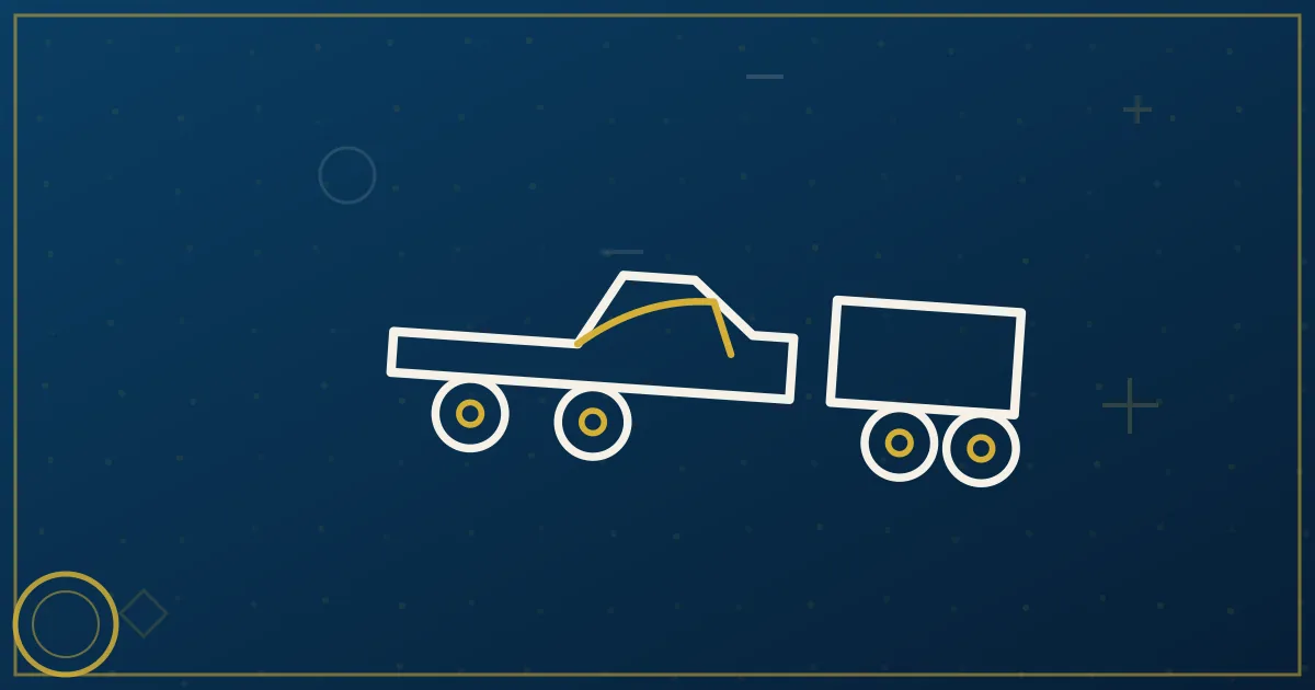 Line-art 1-ton pickup with gooseneck on a toll highway with factory silhouettes and a toll-gantry icon