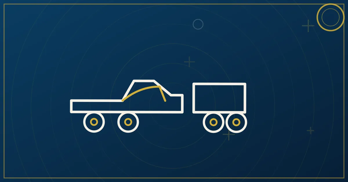 Line-art 1-ton pickup with gooseneck on a highway axis between two city markers with a stopwatch icon
