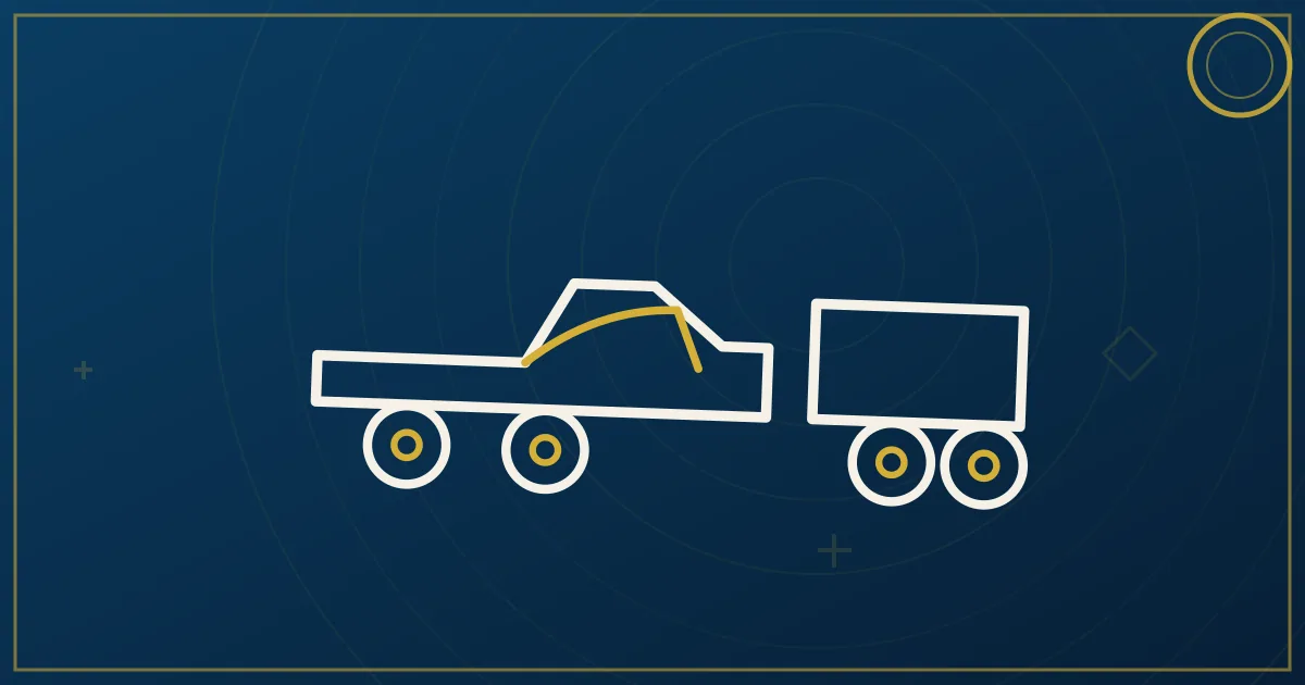 Line-art 1-ton pickup with gooseneck trailer racing a clock face with an oil derrick on the horizon