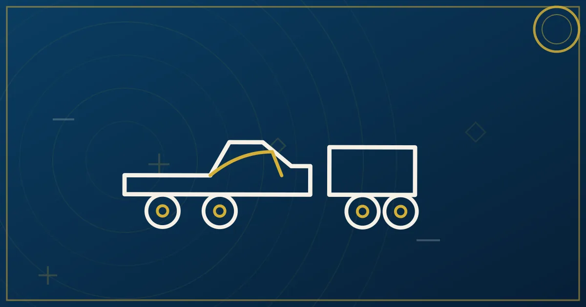 Dually pickup with gooseneck trailer in a shield, beside a cracked policy document and warning triangle, lapis and gold