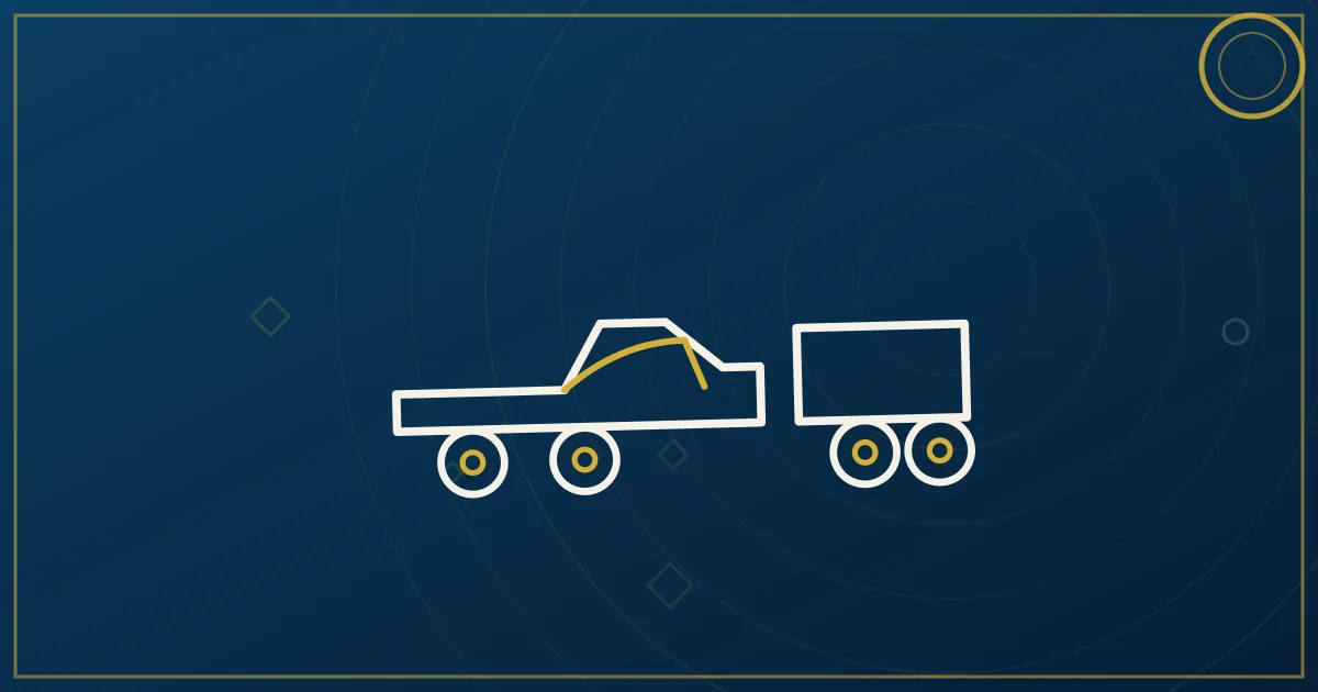 Line-art 1-ton dually pickup with gooseneck trailer, weight-scale glyph beneath, separate shields over truck and trailer
