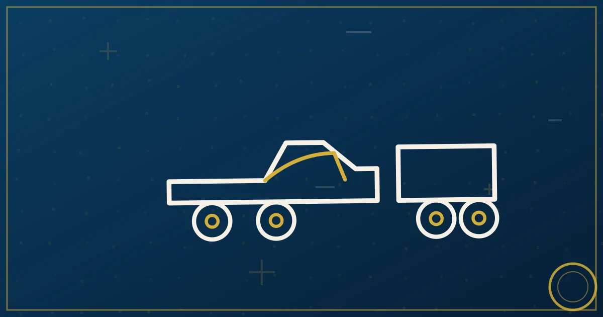 Line-art pickup truck with gooseneck trailer carrying urgent cargo, speed lines and a clock face behind it