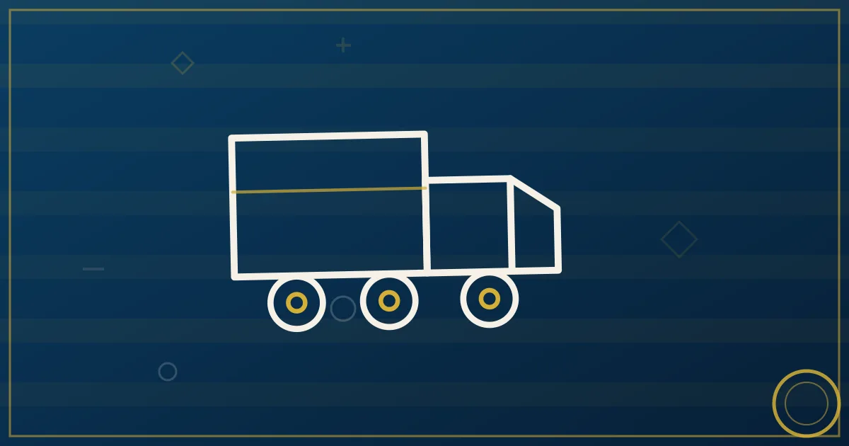 Lapis-blue and gold illustration of a pickup with gooseneck trailer beside a box truck on a highway