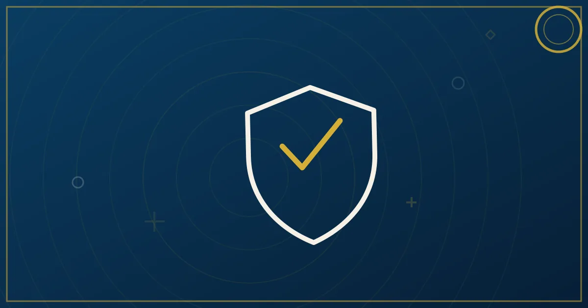 Cracked shield mended with clean stitching above a timeline arrow running dark to light, lapis-blue and gold line-art