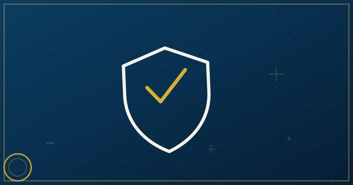 Lapis-blue and gold illustration: semi truck with a segmented coverage shield. No text, no people, no flags.