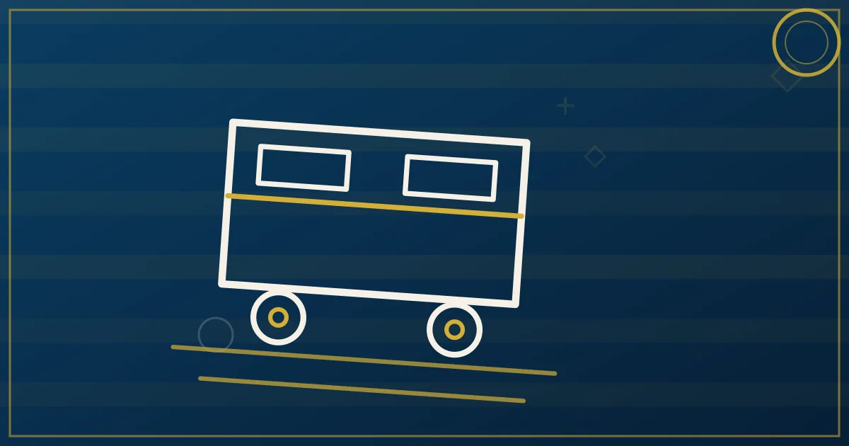 Lapis-blue and gold illustration of container trucks at a rail intermodal terminal stacked containers, cranes, rail hub