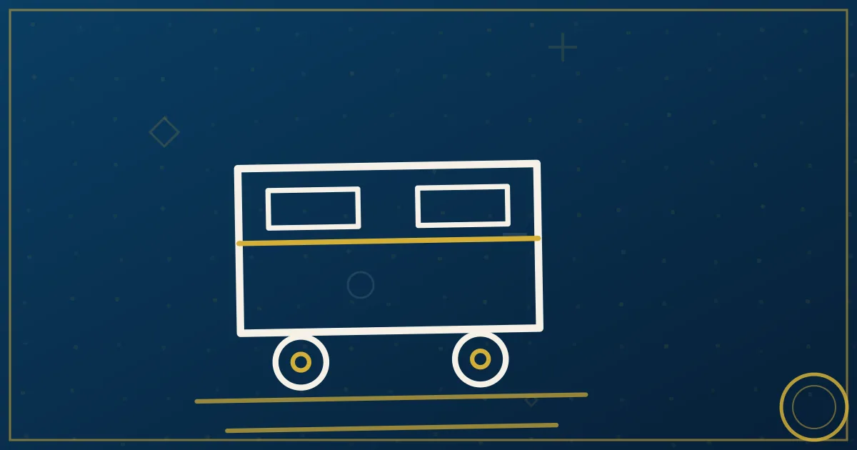 Lapis-blue and gold illustration of container trucks at rail terminals across a Midwest city skyline, multi-ramp intermodal