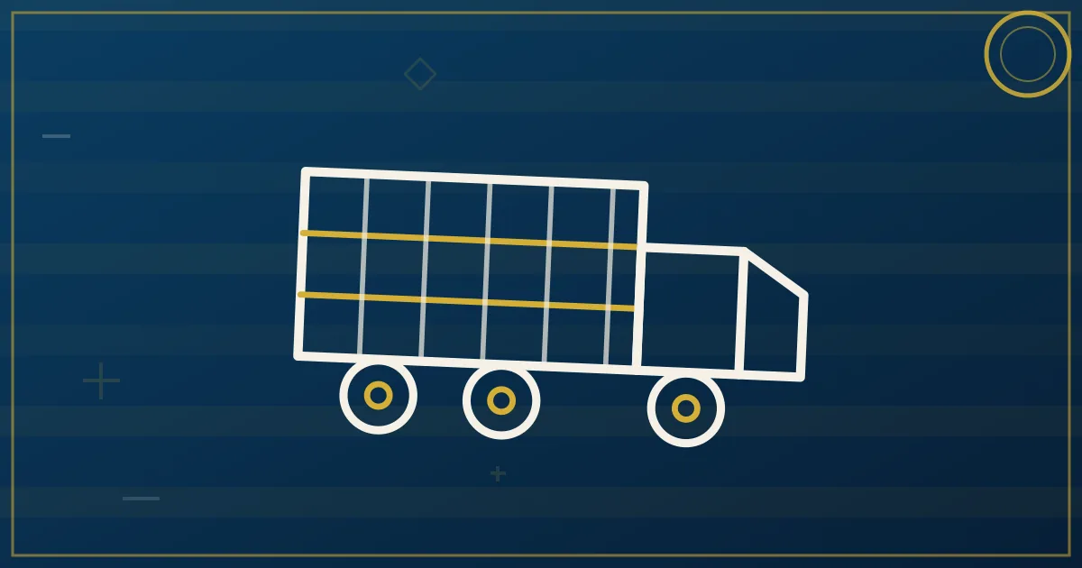 Line-art livestock trailer with ventilation slats, thermometer and water droplet above, dotted route with rest stops