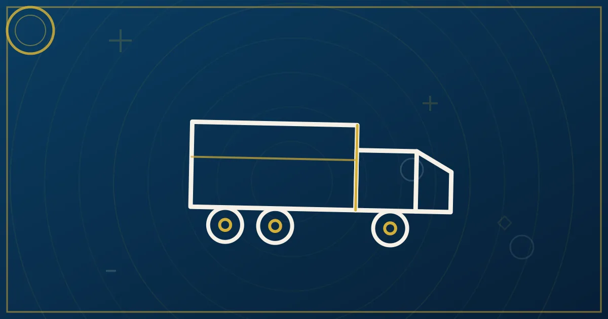 Lapis-blue and gold illustration of a map with a truck route line, location pins, and a phone showing tracking updates