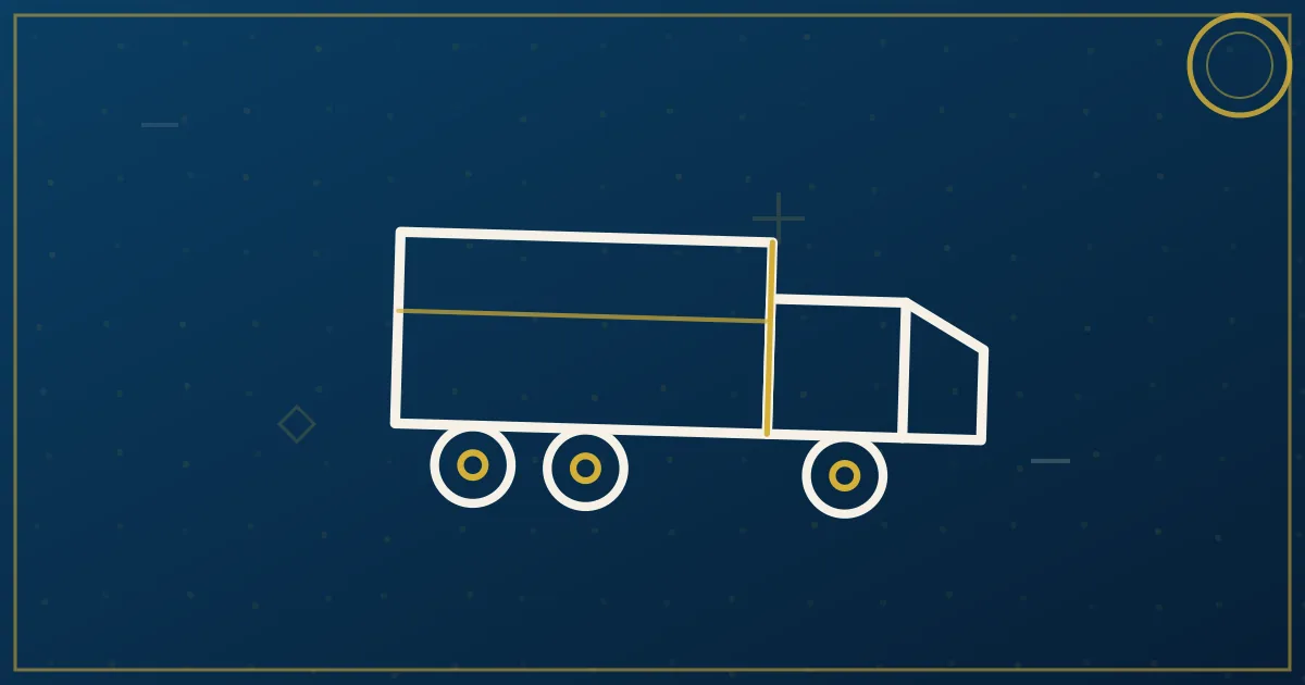 Line-art sunrise-to-sunset timeline arc with four truck-turn icons stacked along it and a house at both ends