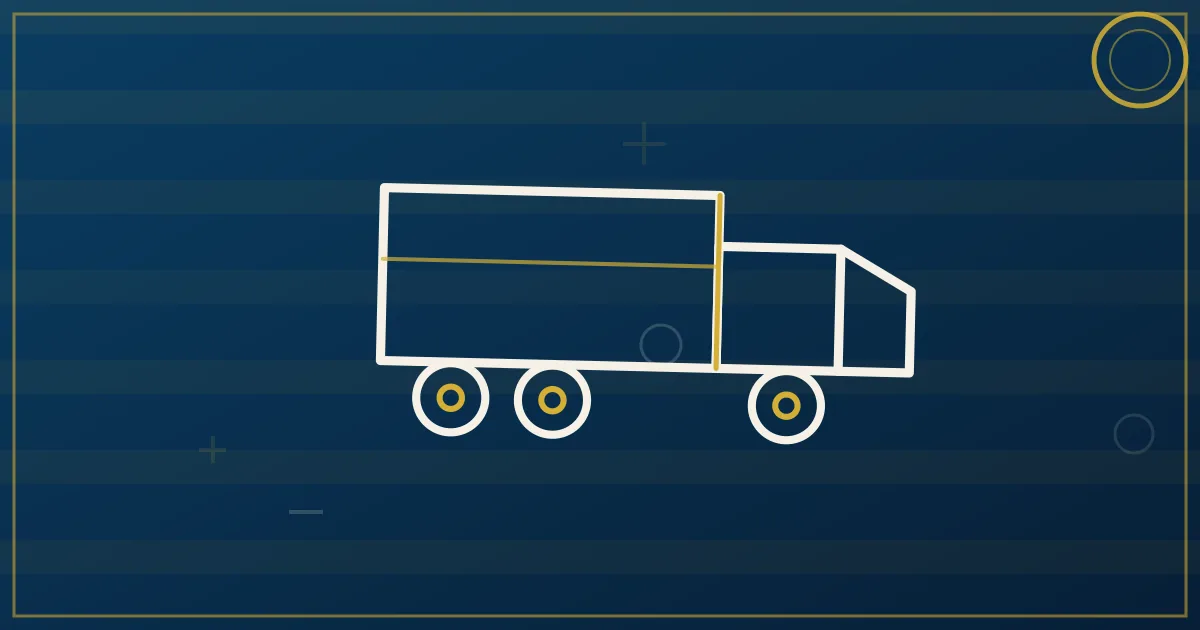 Lapis-blue and gold illustration: log truck driving through pine forest. No text, no people, no flags.