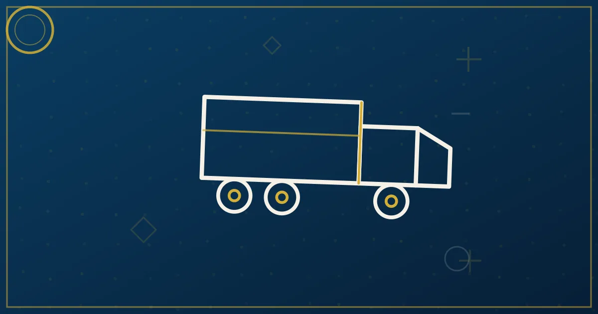 Lapis-blue and gold illustration: log truck on a forest highway. No text, no people, no flags.