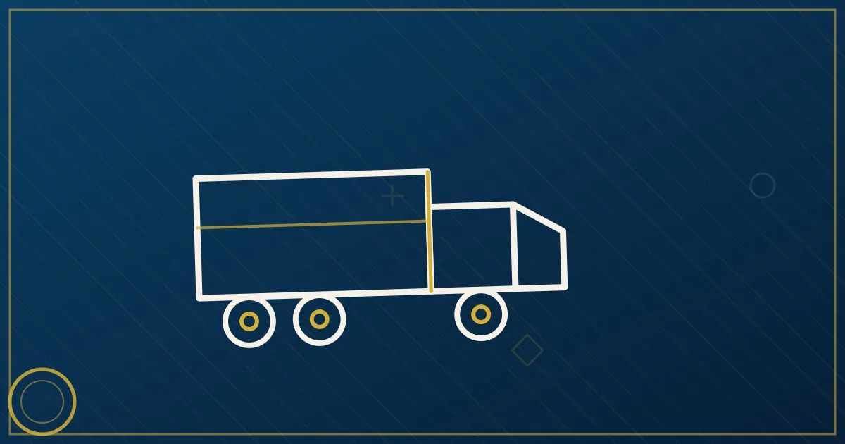 Lapis-blue and gold illustration: log truck with a timber load. No text, no people, no flags.