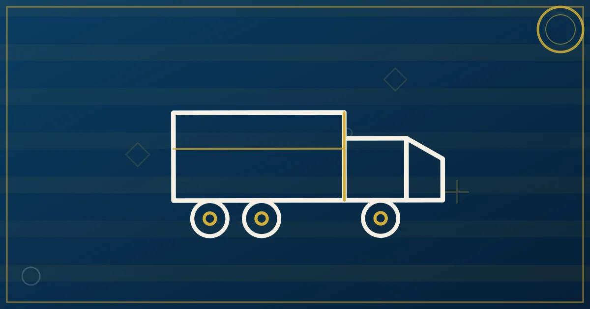 Line-art truck trailer divided into pallet sections from different shippers, route line connecting multiple stop pins