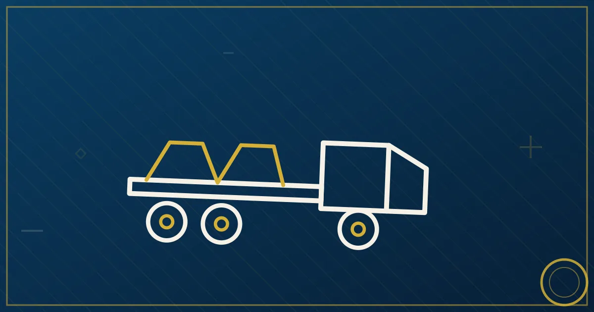 Line-art flatbed trailer loaded with strapped lumber bundles under a tarp, sawmill and pine trees in the background