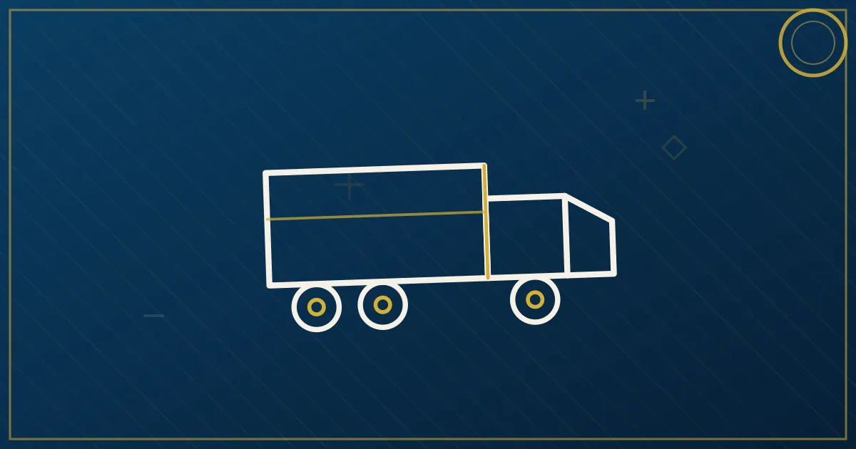 Lapis-blue and gold illustration of a warehouse dock with pallets being unloaded and a receipt on a clipboard