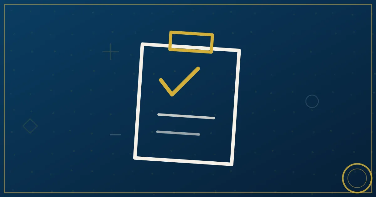 Stamped authority document with checkmark seal beside an hourglass in lapis blue and gold, issued credential concept