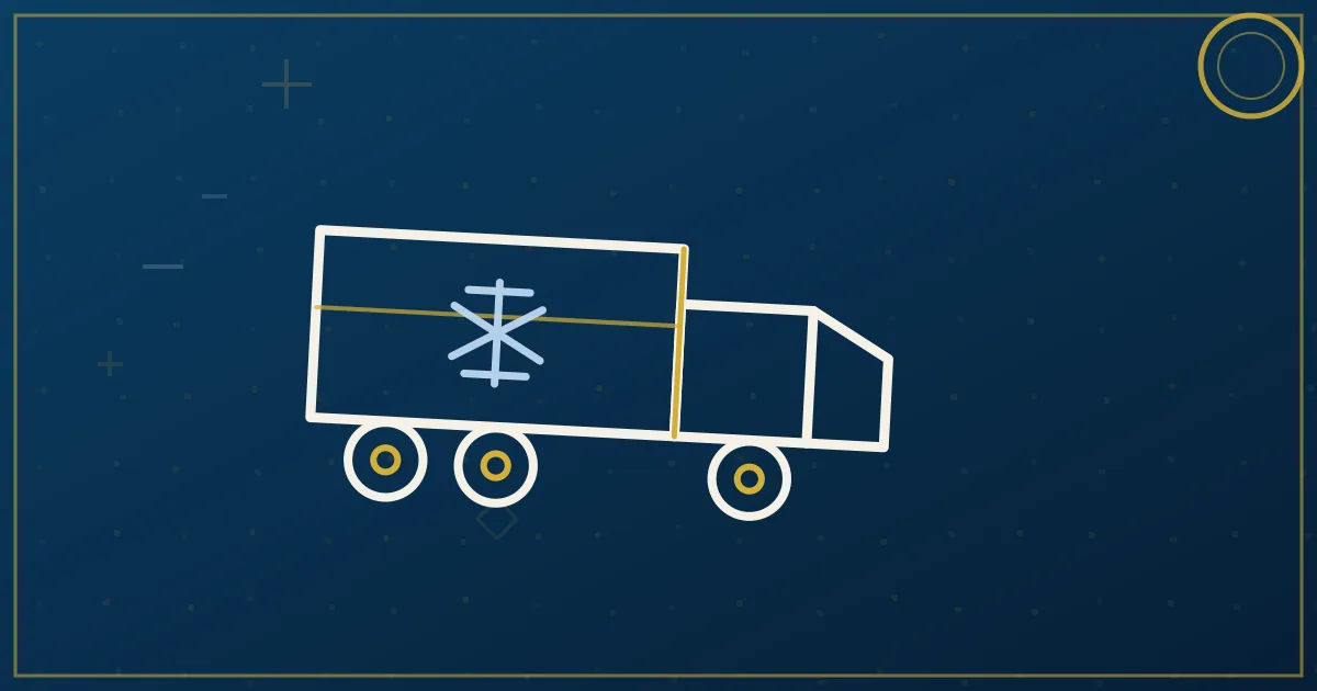 Lapis-blue and gold illustration of a refrigerated semi truck on a plains highway with cattle ranch land silhouettes