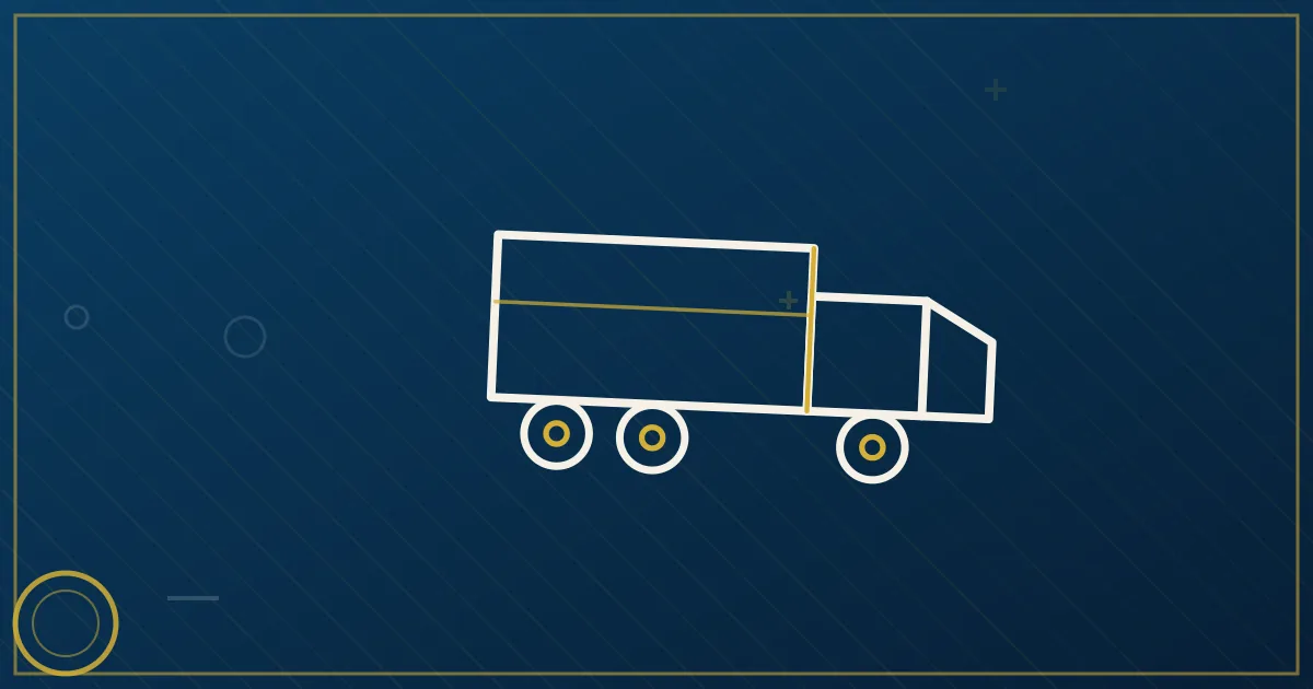 Military cargo truck at a guarded installation gate with geometric checkpoint barriers and document checklist overlay