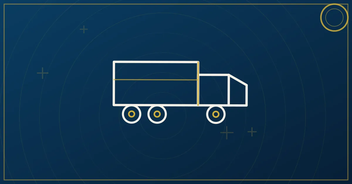 Lapis-blue and gold illustration of a clipboard checklist and a hard hat beside a semi truck