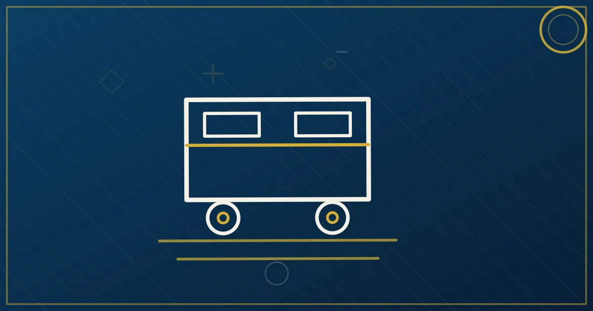Lapis-blue and gold illustration: trailers in a yard under a shield. No text, no people, no flags.