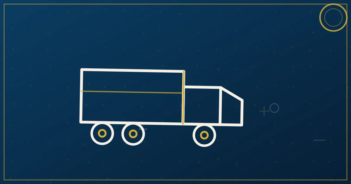 Line-art layered metro map with three stacked freight zones, route arrows weaving through, a semi and box truck on layers