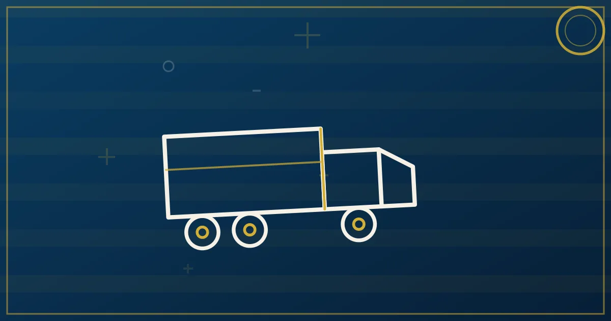 Line-art peninsula jutting into waves with a port crane, a reefer truck with fish shapes, heavy inbound arrows